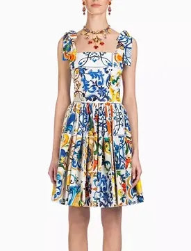 Blue Porcelain Print Bow Strapped Dress