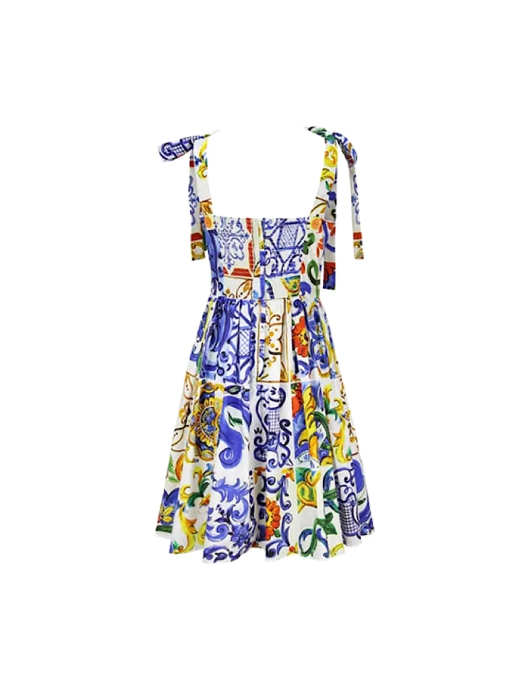 Blue Porcelain Print Bow Strapped Dress