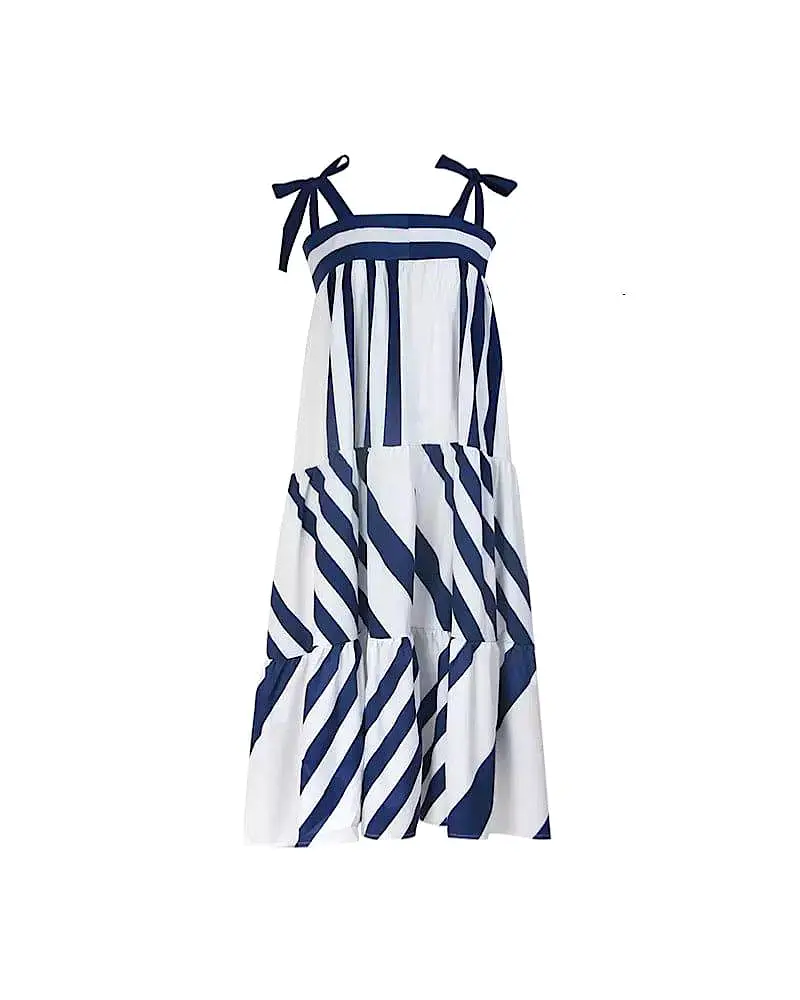 Blue Stripe Bow Strap Loose Dress