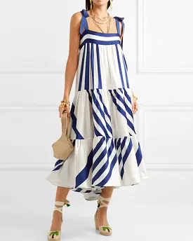 Blue Stripe Bow Strap Loose Dress