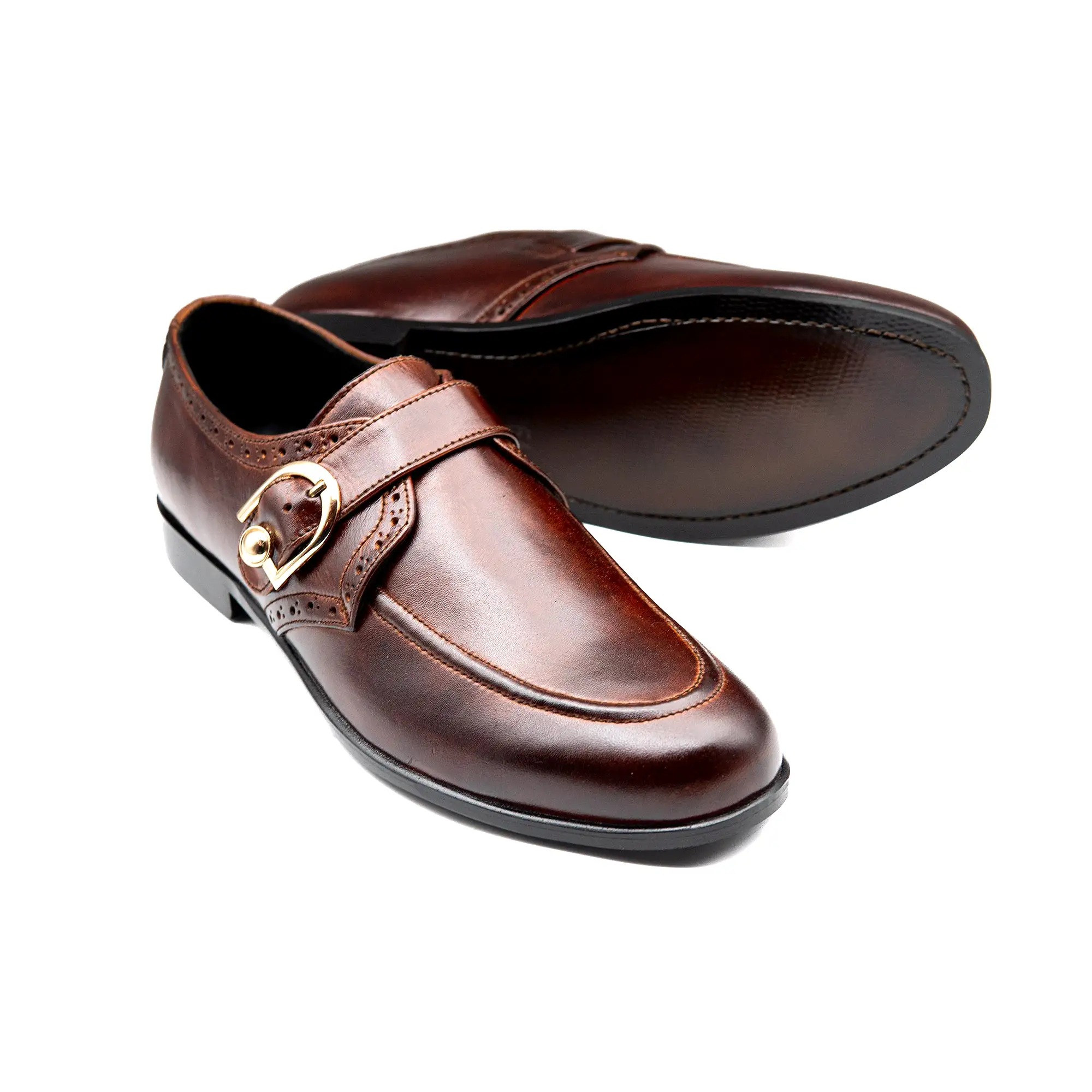 Brown Leather Engraved Monk Executive Shoes