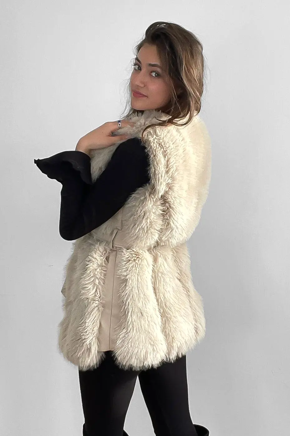 Faux Fur Gilet Belted Style Sleeveless Jacket