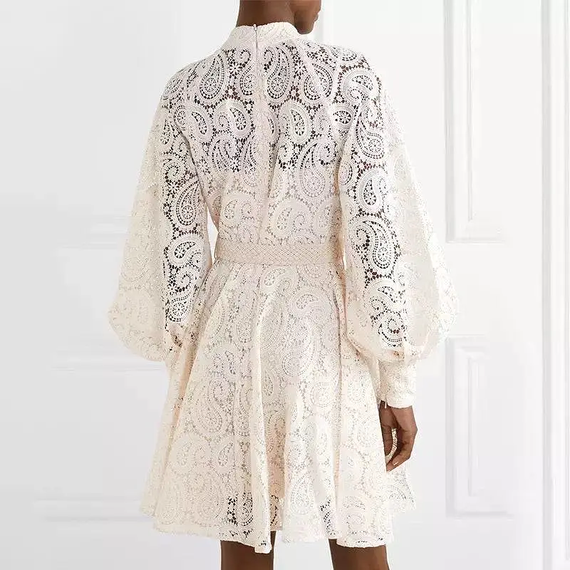 Ivory Paisley Lace Big Sleeve Belted Dress