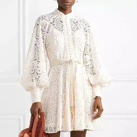 Ivory Paisley Lace Big Sleeve Belted Dress