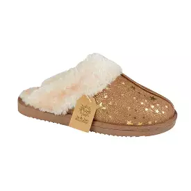 Ladies Bedroom Fleece Trim Slippers Mule Slip On Cognac Tan Tiggi sale