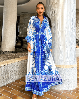 Long Floral Blue Print Buttoned Dress