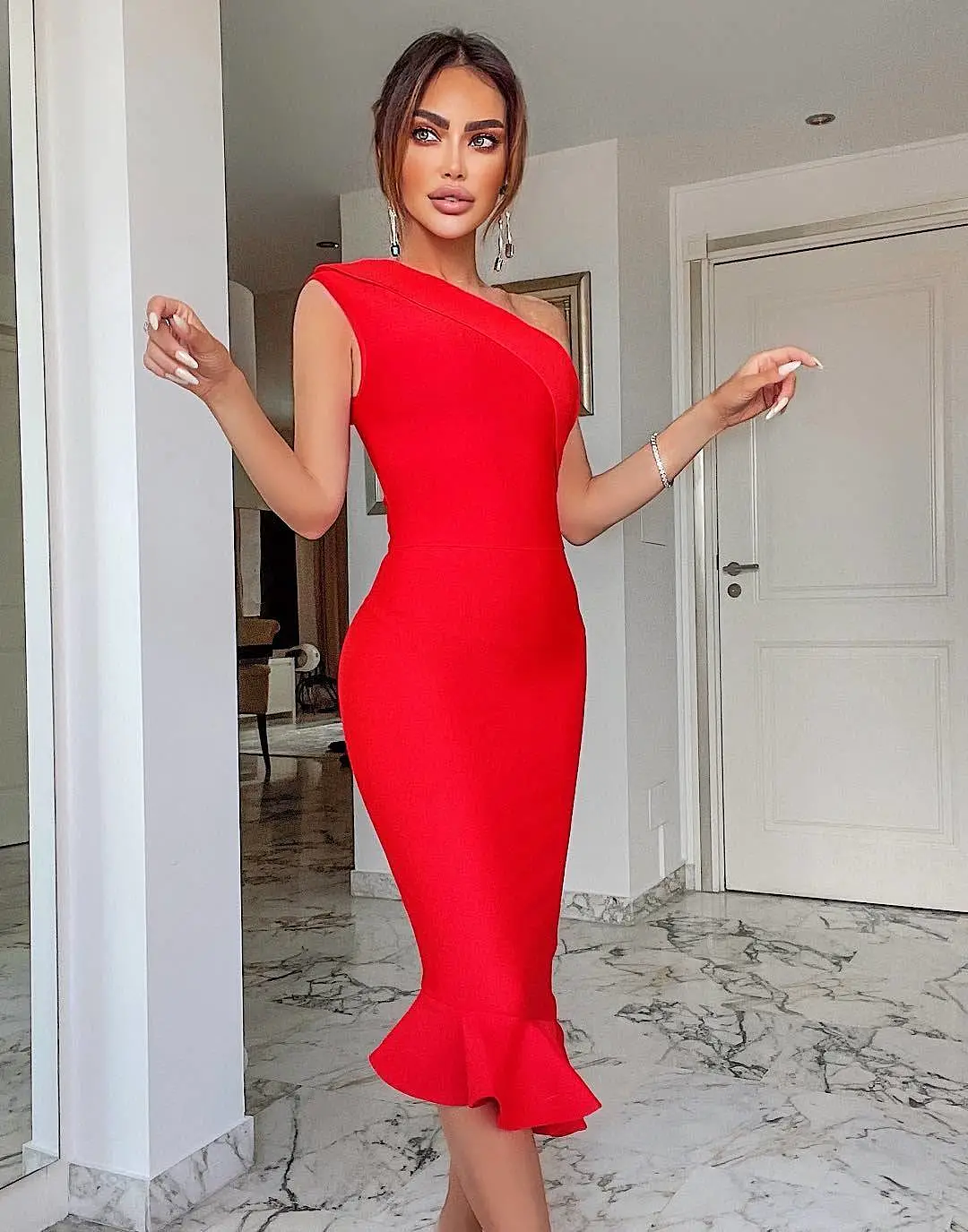 One Shoulder Flared Bandage Dress