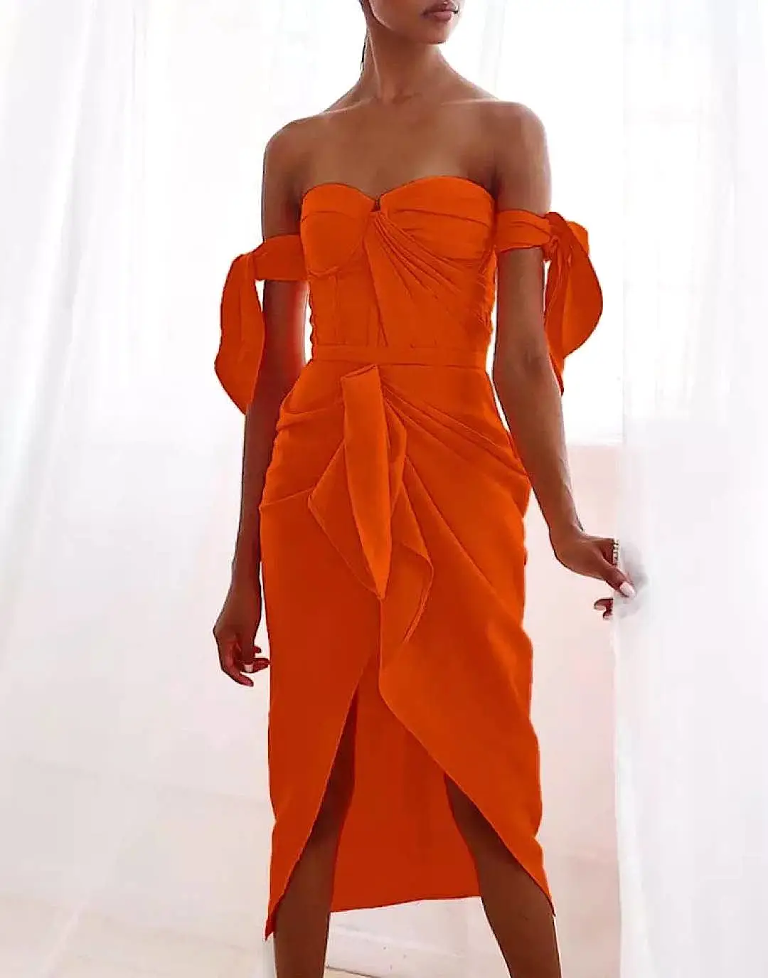 Orange Bodycon Draped Asymmetrical Dress