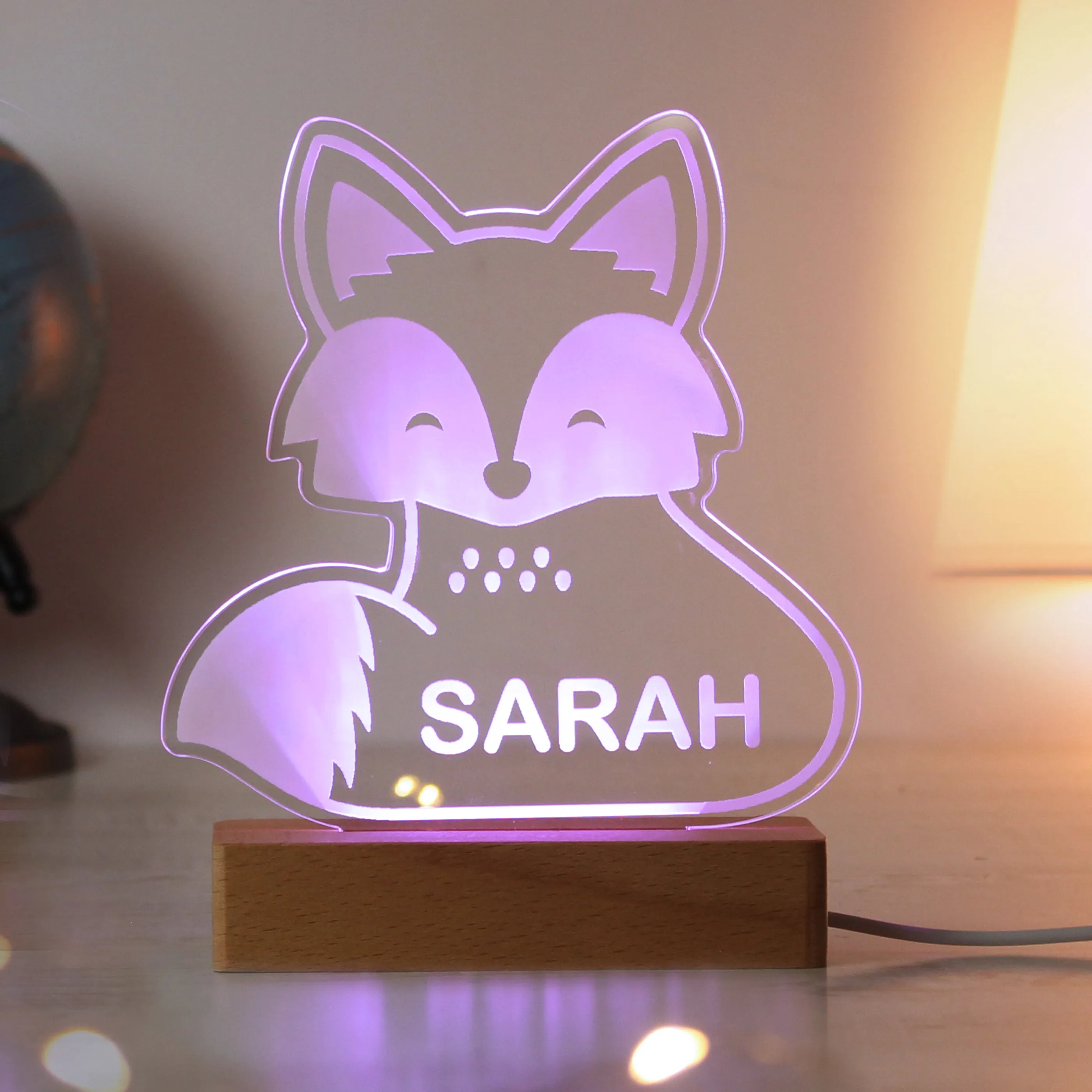 Personalised Fox Wooden Based LED Light