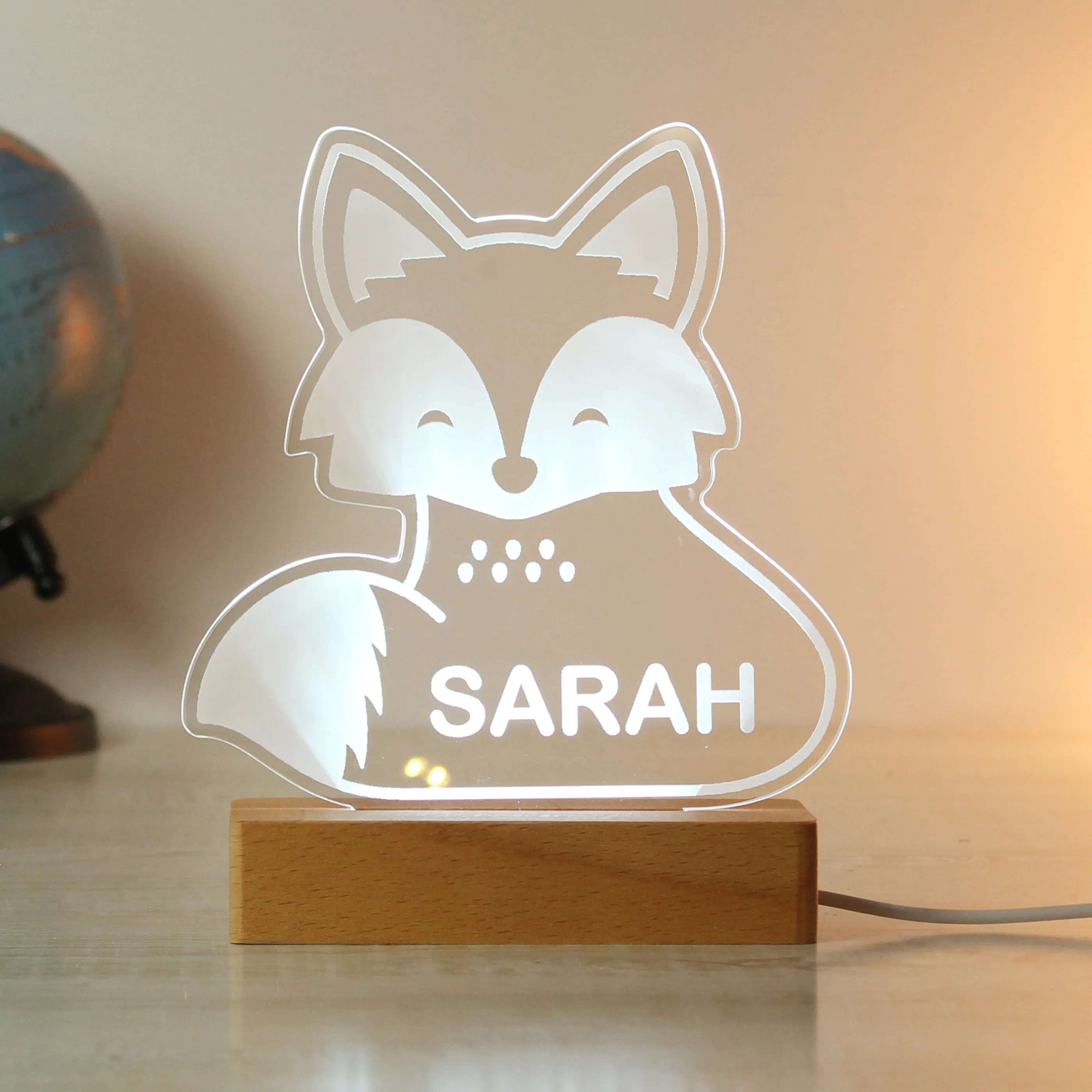 Personalised Fox Wooden Based LED Light