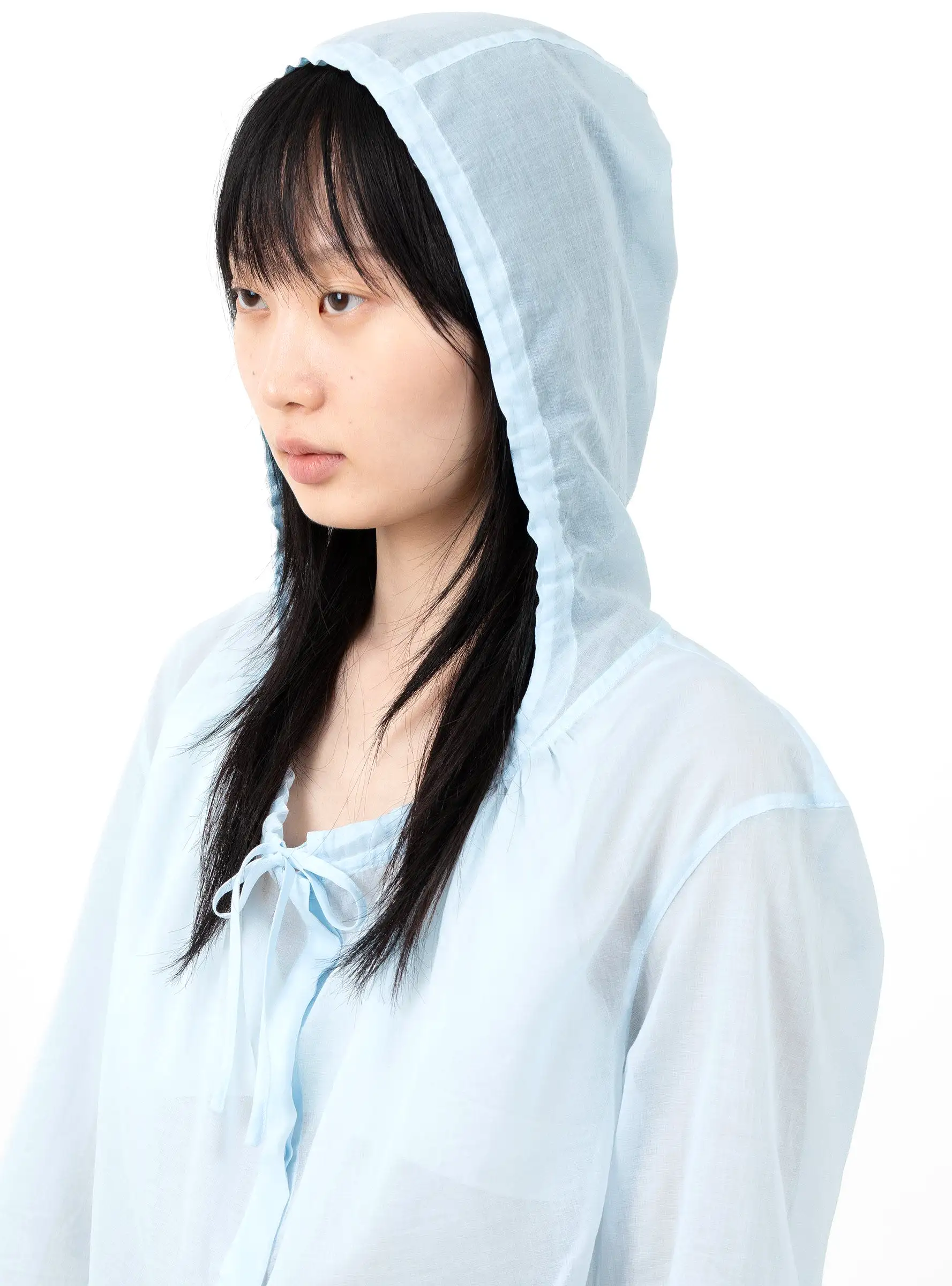 Sheer Shirring Hooded Blouse Light Blue