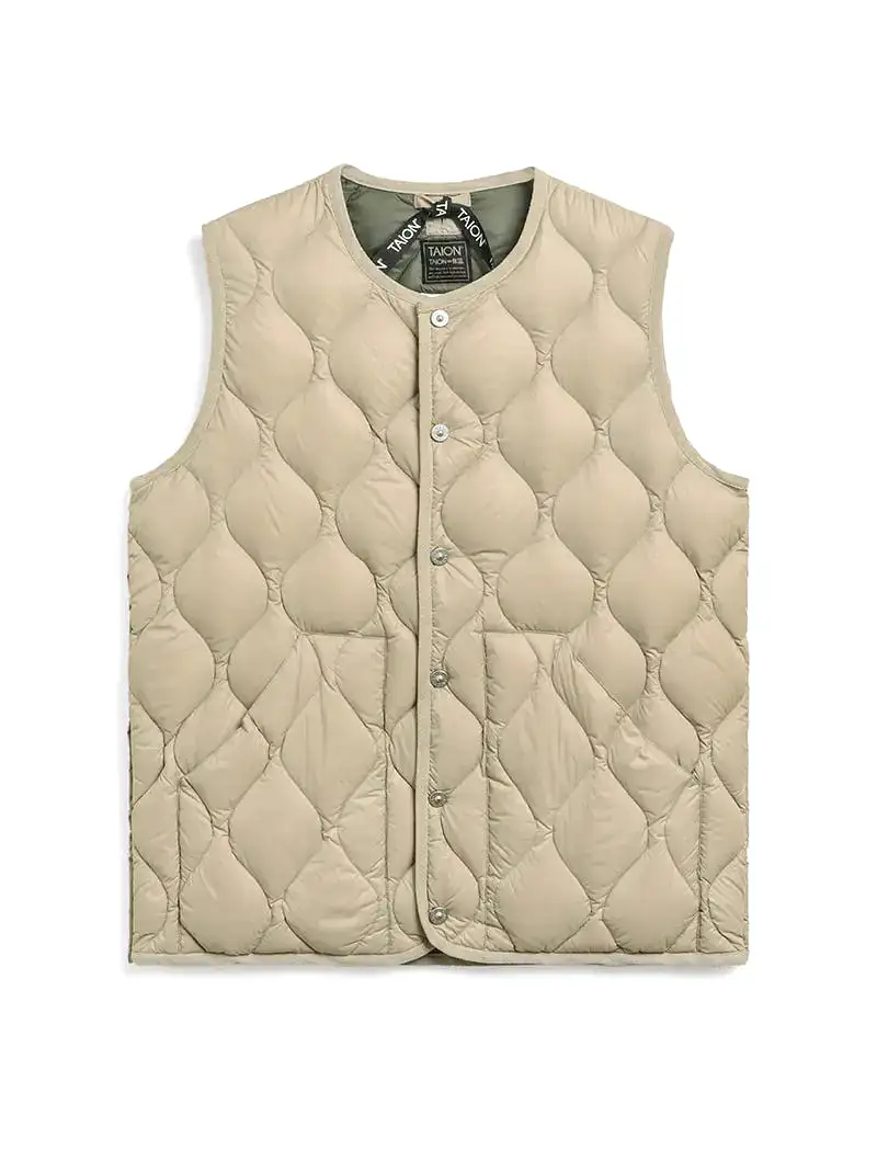 Taion Womens Military Crew Neck Down Vest Soft Shell Grey Beige