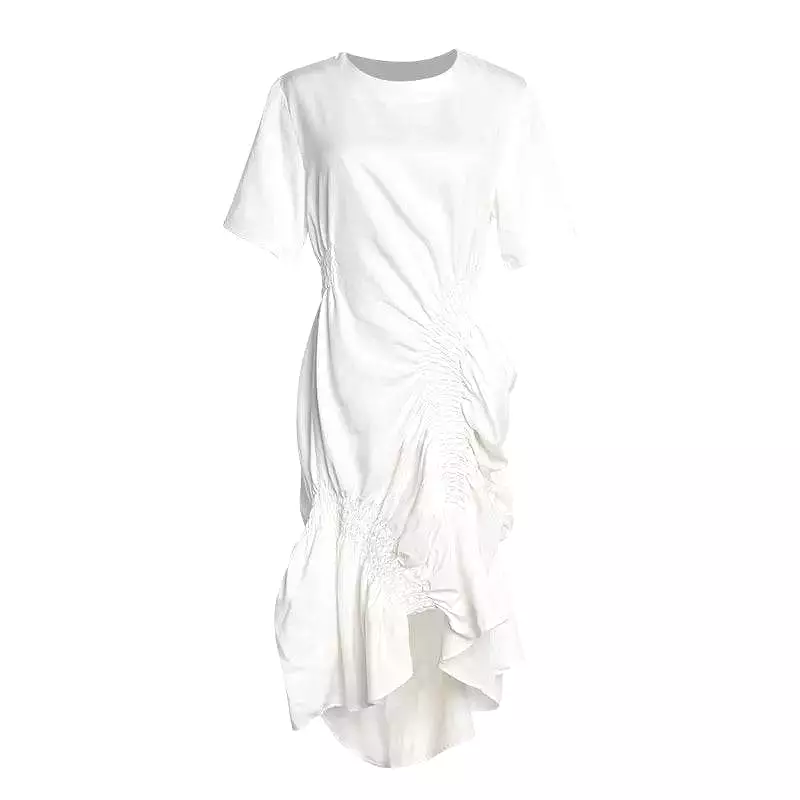 White Elastic Ruched Asymmetrical Dress