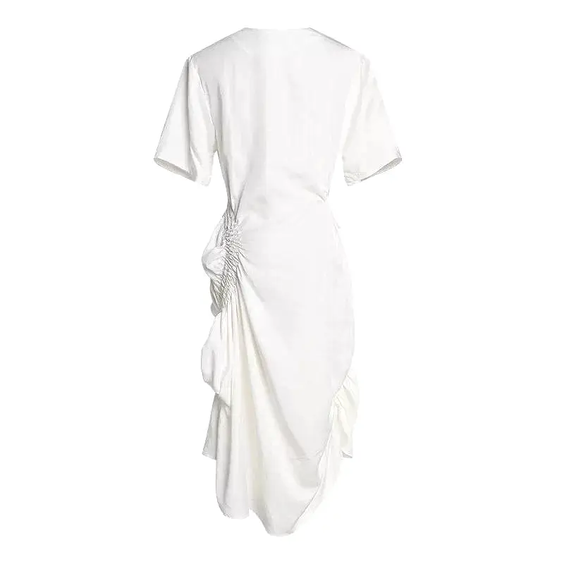 White Elastic Ruched Asymmetrical Dress