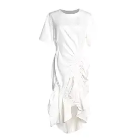 White Elastic Ruched Asymmetrical Dress