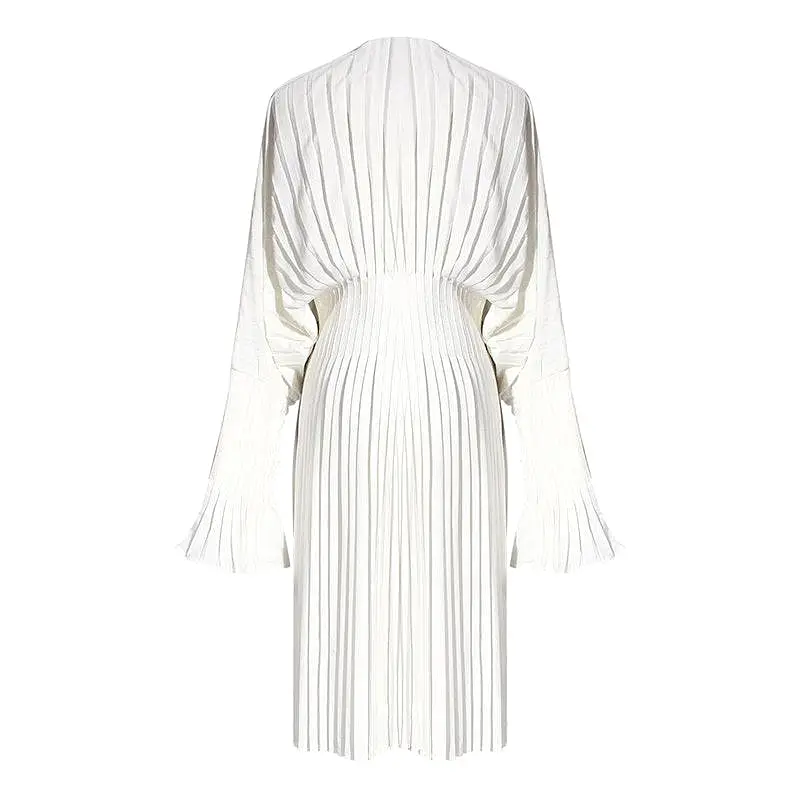 White Pleated Midi Flared Dress