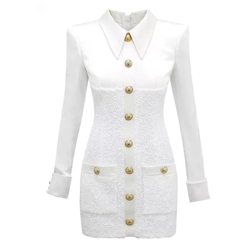 White Tweed Gold Buttoned Dress