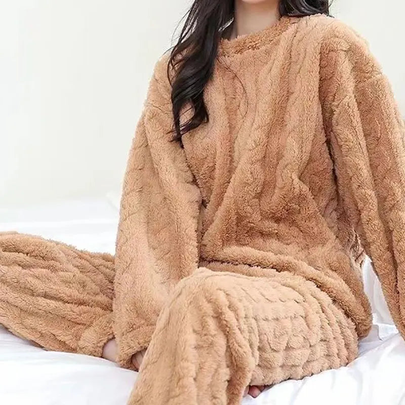 Women Warm 2 Piece Sets Thicken Velvet Ribbed Fleece Set