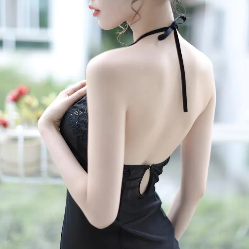 Women's Sexy Long Nightgowns Lace Black Lingerie Backless Night Dress