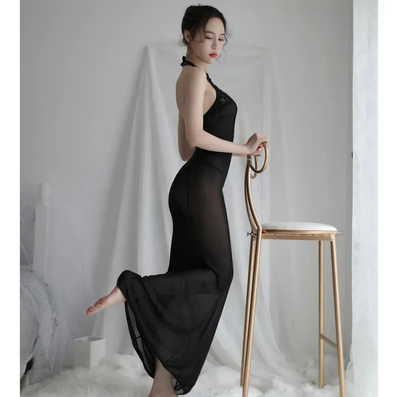 Women's Sexy Long Nightgowns Lace Black Lingerie Backless Night Dress