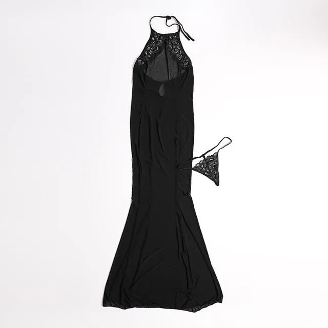 Women's Sexy Long Nightgowns Lace Black Lingerie Backless Night Dress